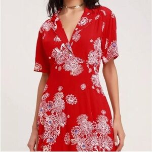 Free People Red Floral Hawaii Mini Dress Sz L Short Sleeve Fit & Flared Pockets